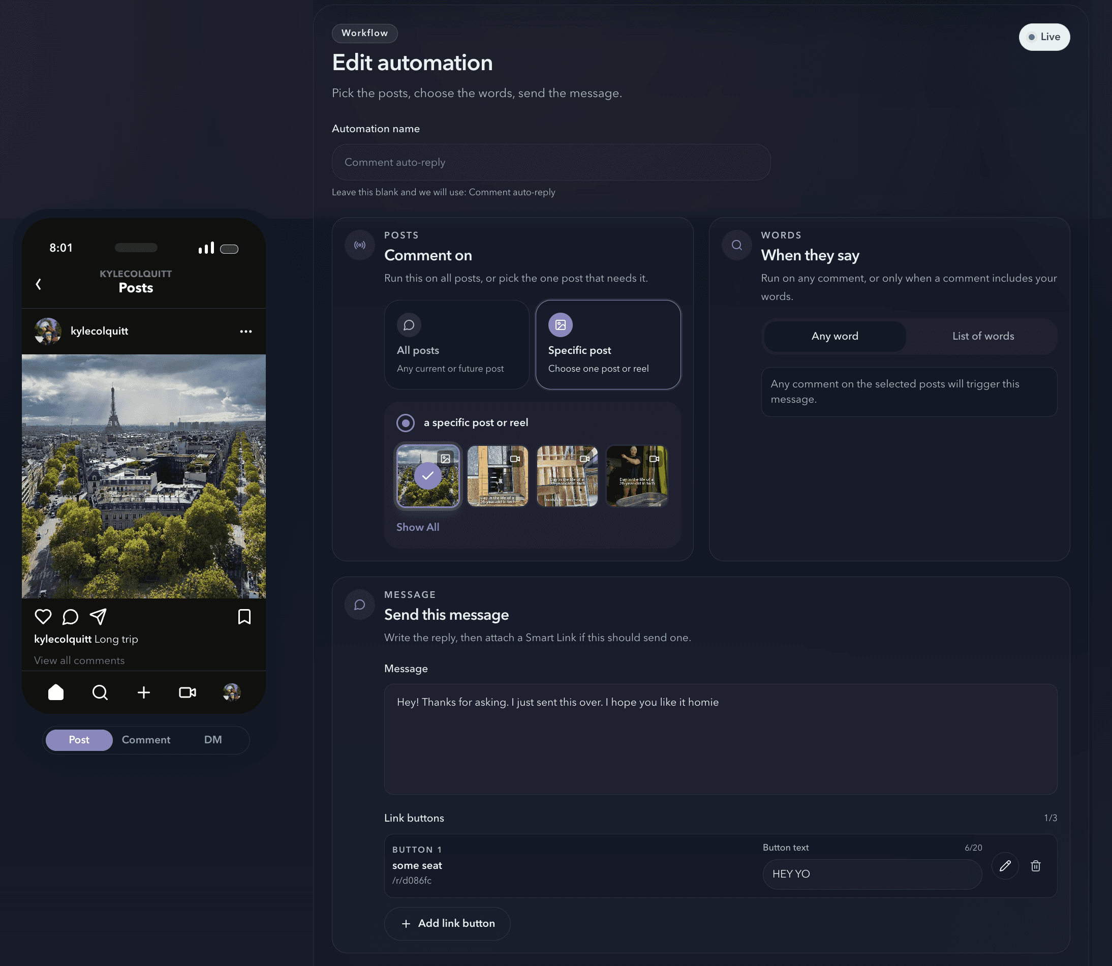 LinkStack automation builder preview with post trigger, keyword rules, and reply message