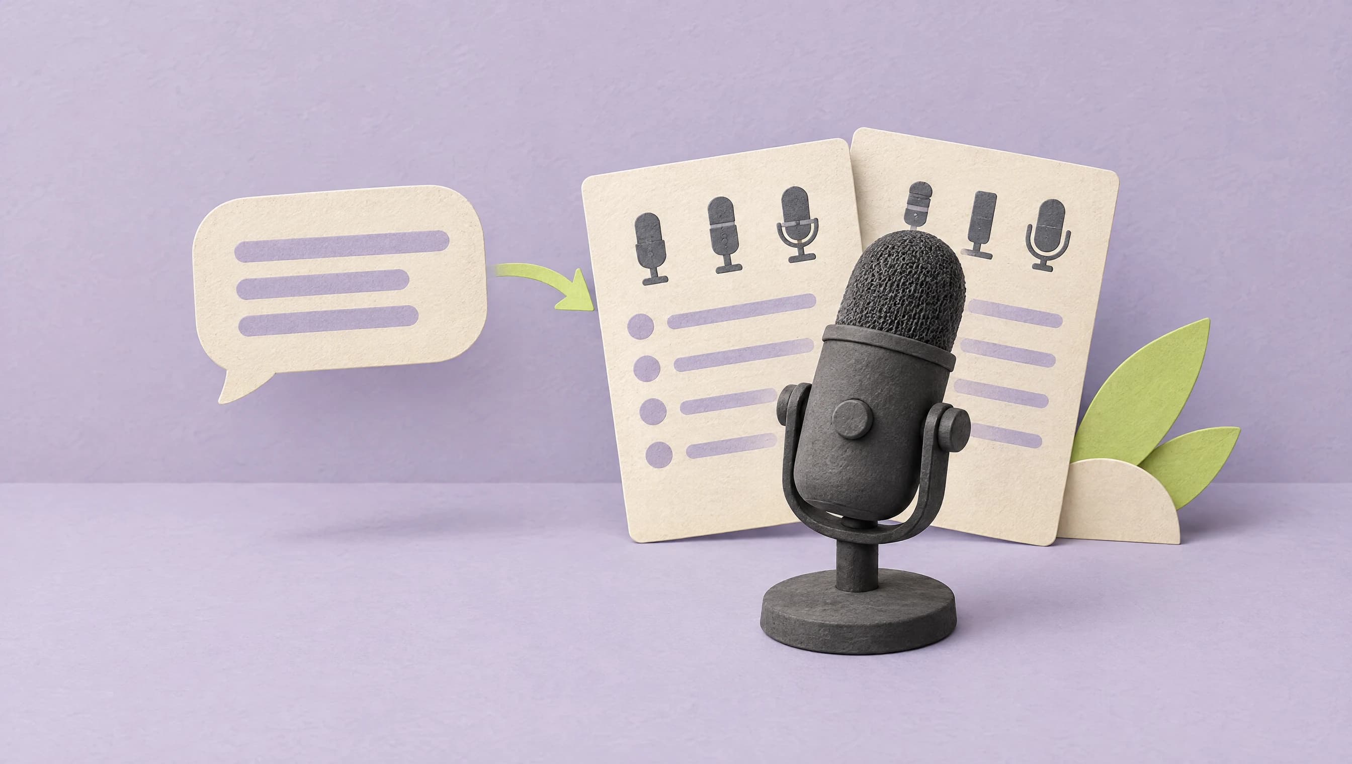 A message bubble leading to microphone comparison cards beside a charcoal studio microphone.