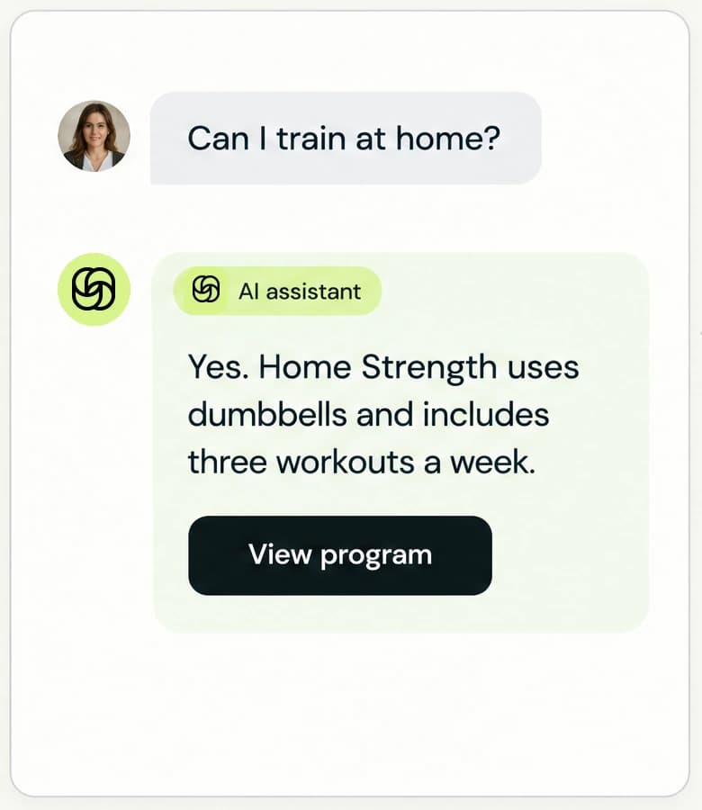 Illustrative AI reply explaining that the Home Strength program uses dumbbells and linking to the program.