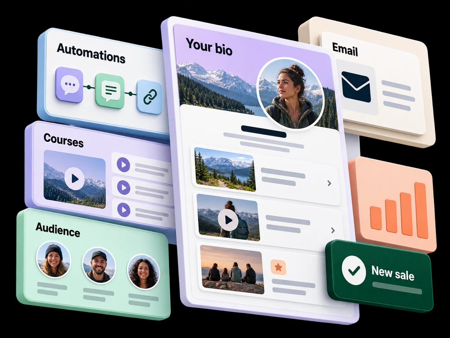 LinkStack's creator stack: a bio storefront connected with automations, courses, email, audience, analytics, and sales