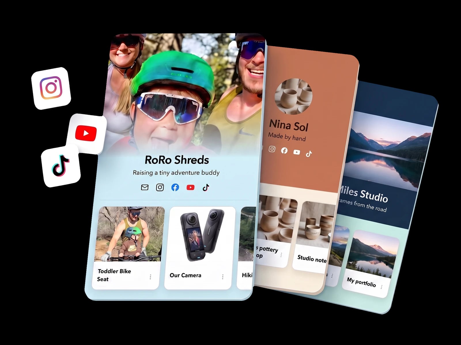 RoRo Shreds bio page stacked with two colorful creator pages and social icons