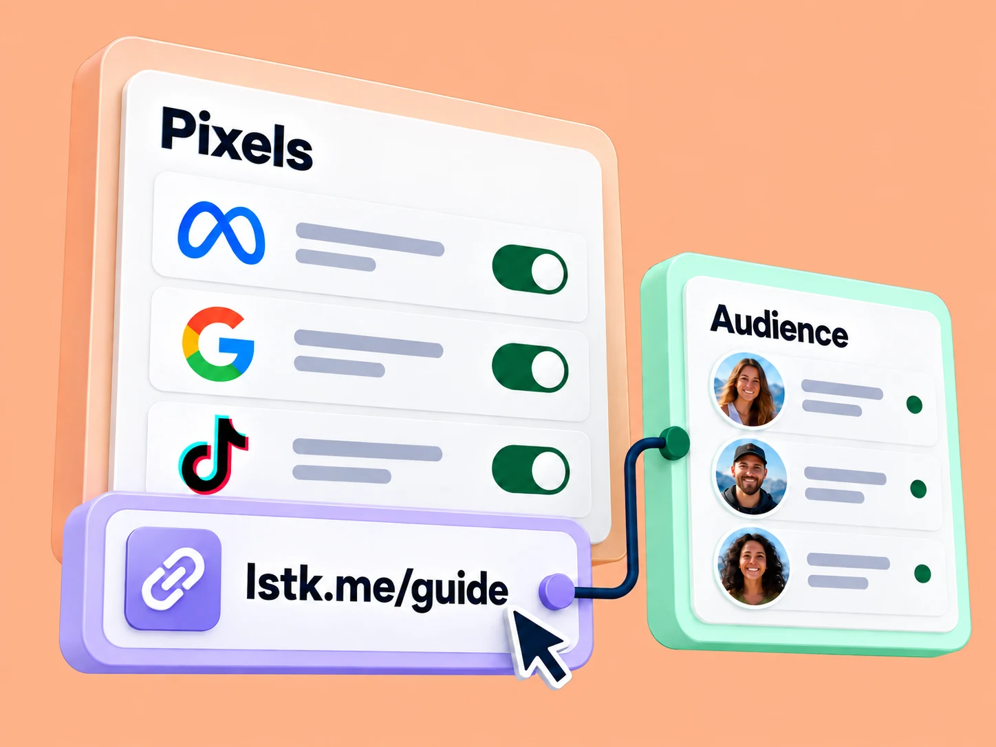 Meta, Google, and TikTok tracking pixels assigned to a LinkStack link to build an audience