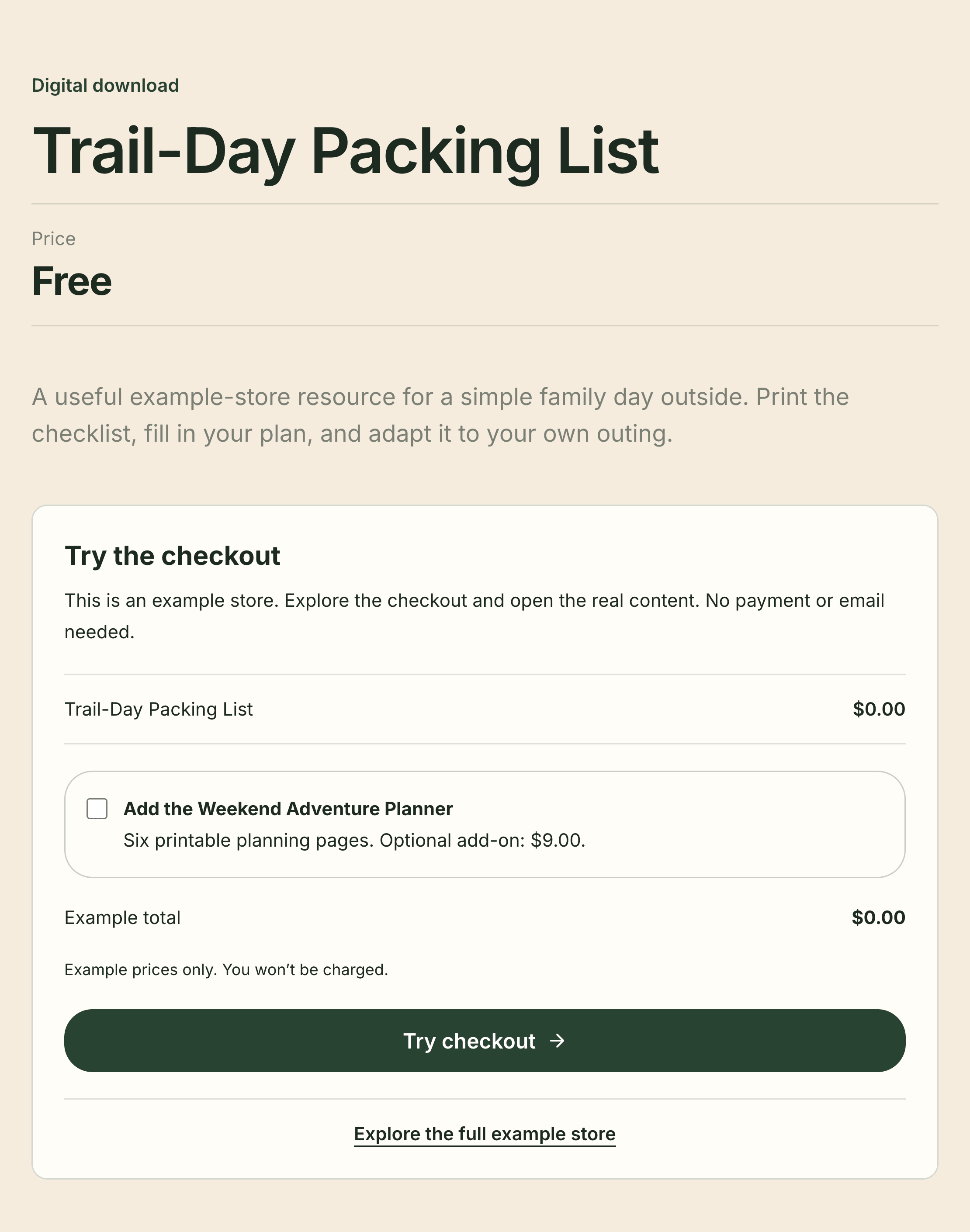 Screenshot of the free Trail-Day Packing List checkout with the optional Weekend Adventure Planner add-on