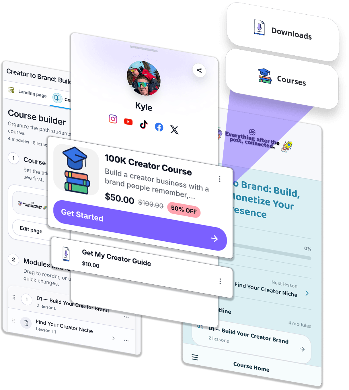 LinkStack product cards, course builder, creator bio page, and student course view