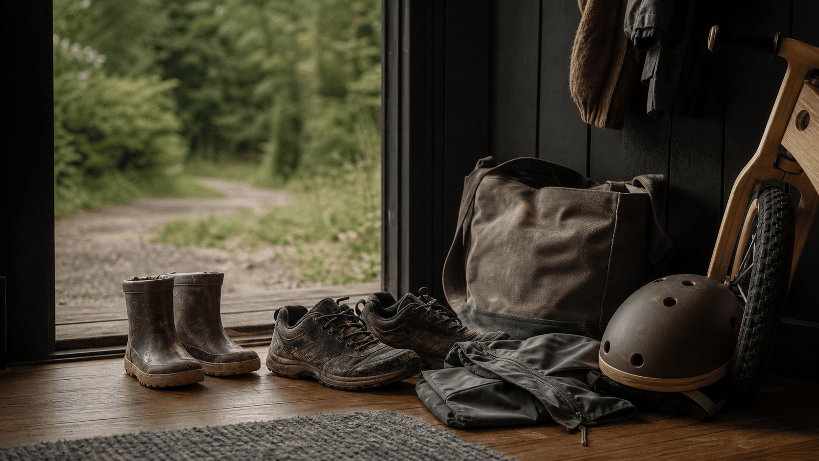 Toddler boots and family outdoor gear arranged beside an open doorway