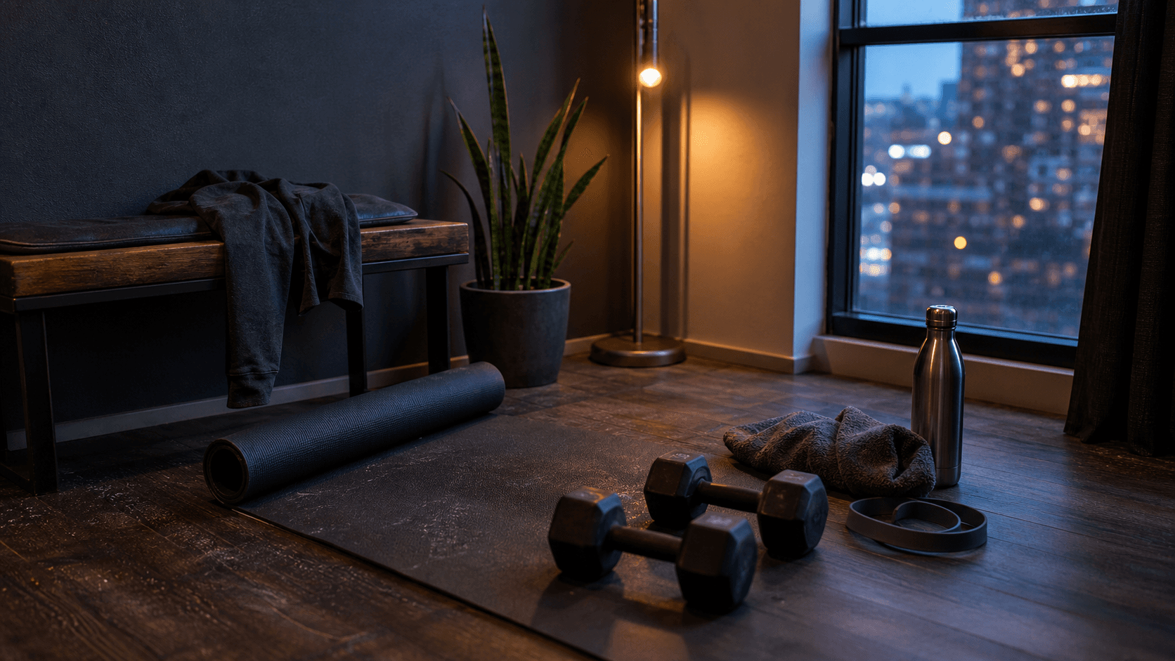 Compact apartment workout area with a mat, dumbbells, towel, and water bottle