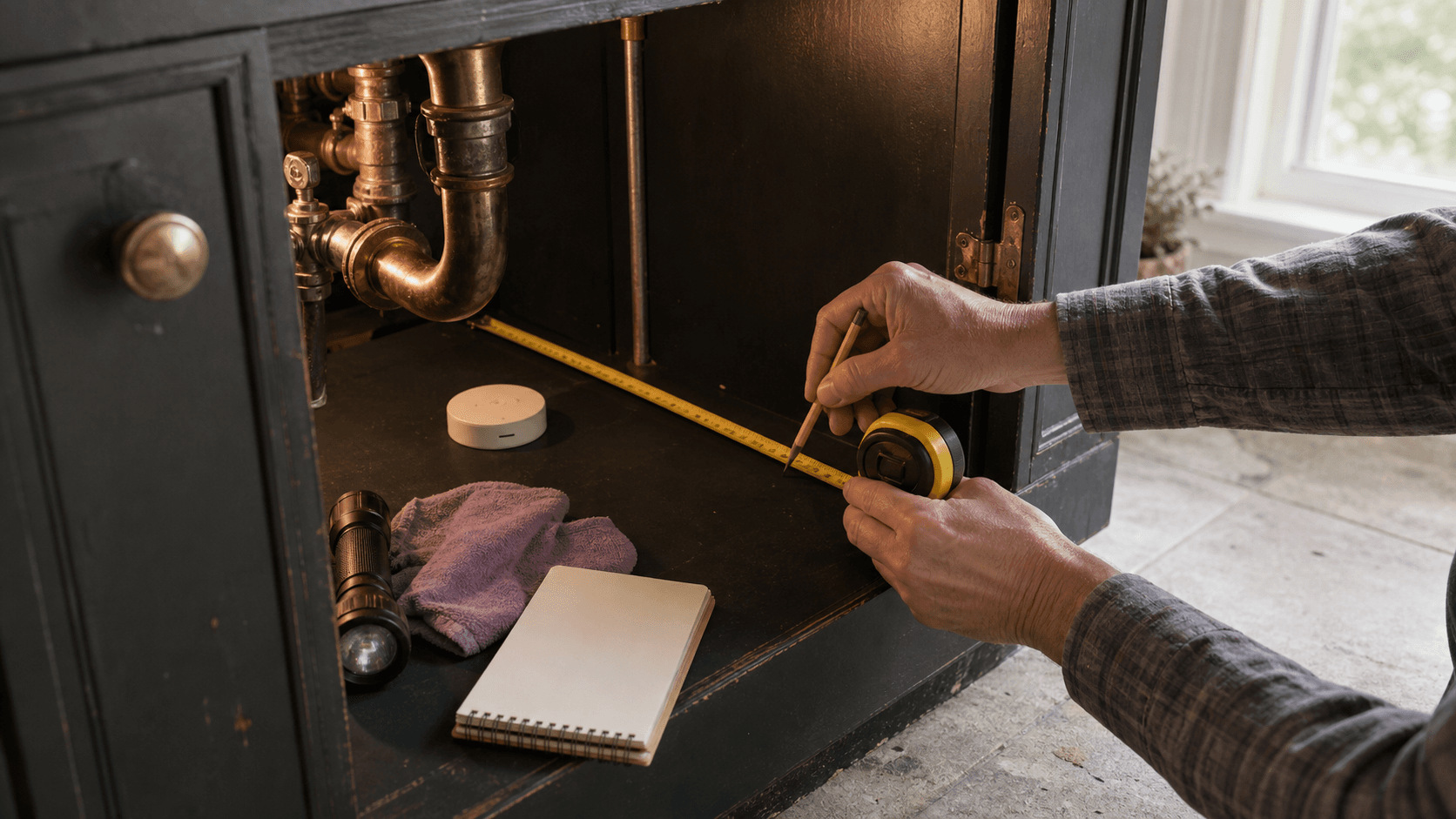 Homeowner measuring an under-sink cabinet near plumbing and a moisture sensor