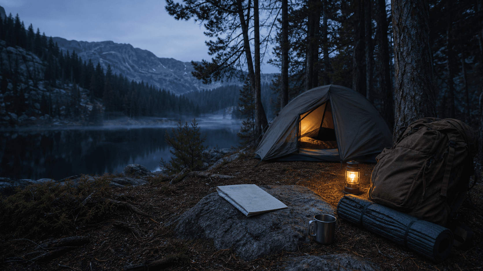 Unbranded camping gear beside a tent at a misty alpine lake
