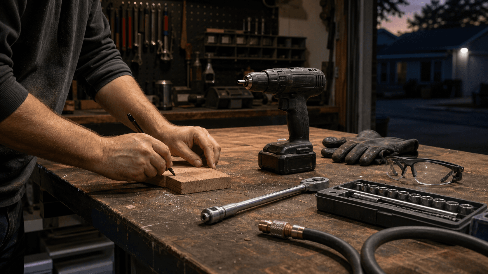 Garage workbench with unbranded tools, safety glasses, and a repair plan in progress