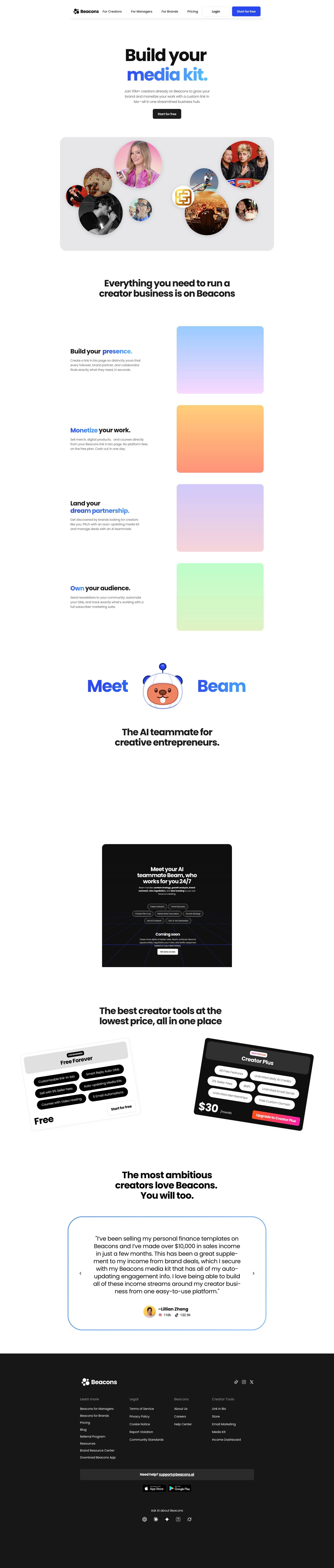 Full-page capture of the public Beacons homepage showing its creator business, media kit, store, email, and pricing sections
