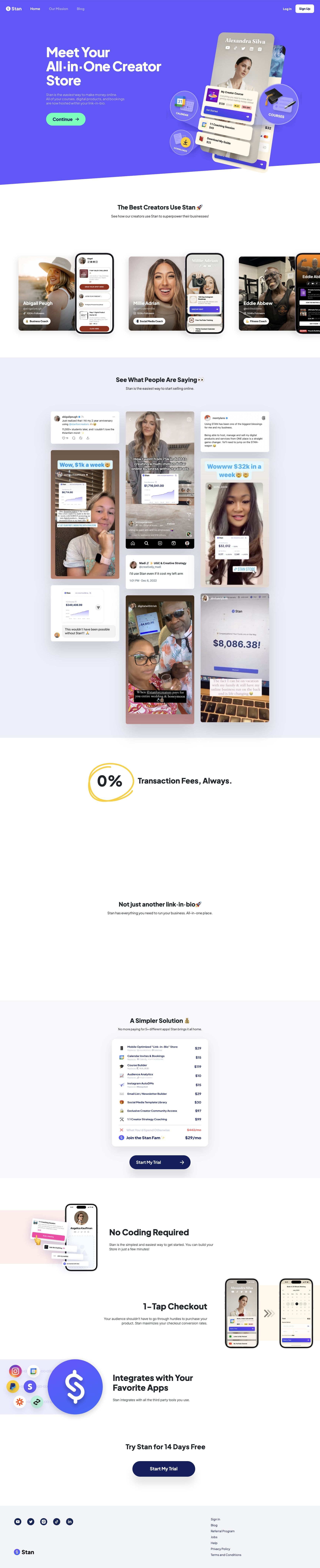 Full-page capture of the public Stan Store homepage showing creator storefronts, customer examples, transaction fees, checkout, and integrations