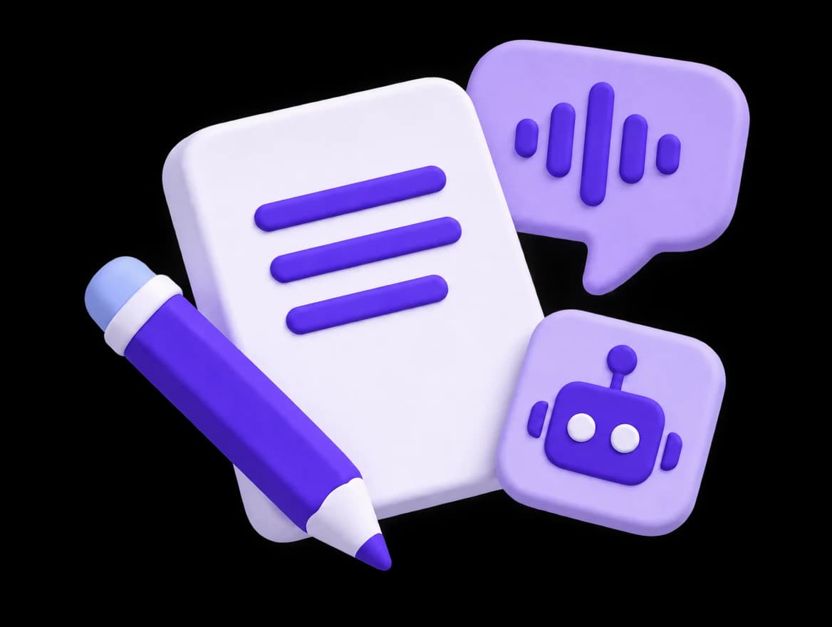 A pencil, instruction sheet, and voice bubble shape an agent’s personality.