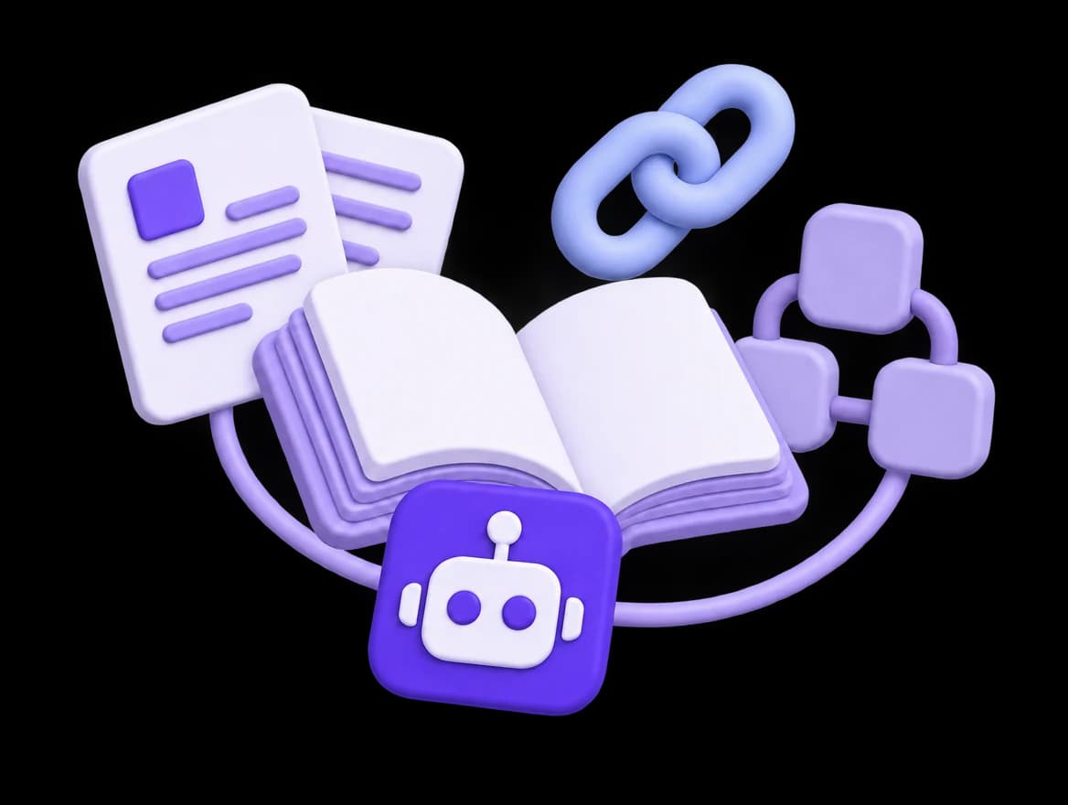 An open knowledge book, saved links, and connected workflows feeding an AI agent.