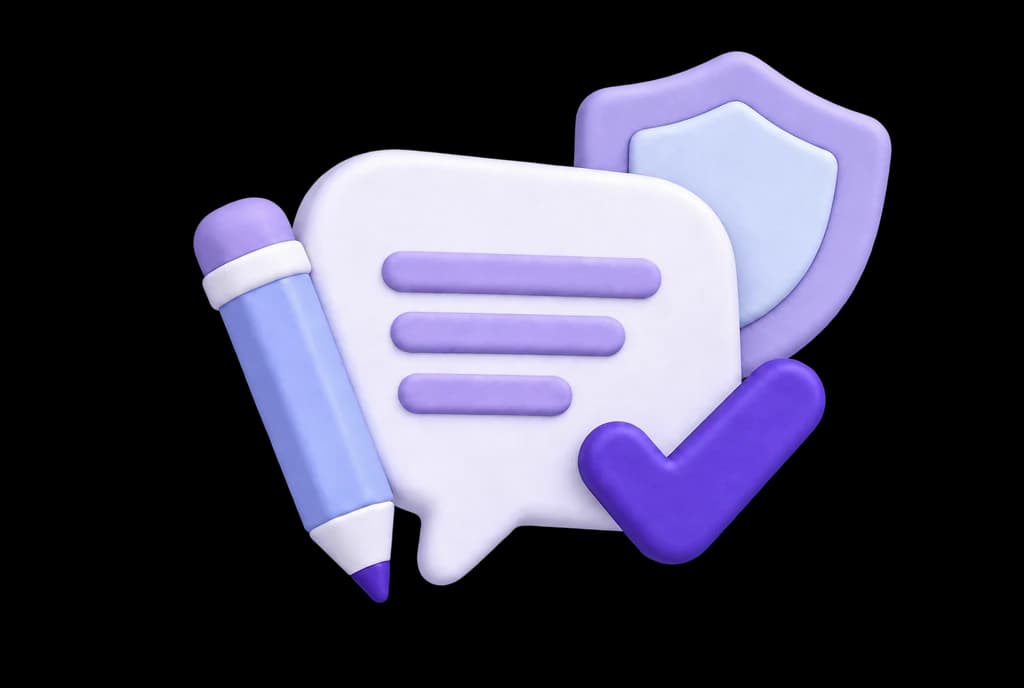 A reply with an editing pencil, approval check, and protective shield.