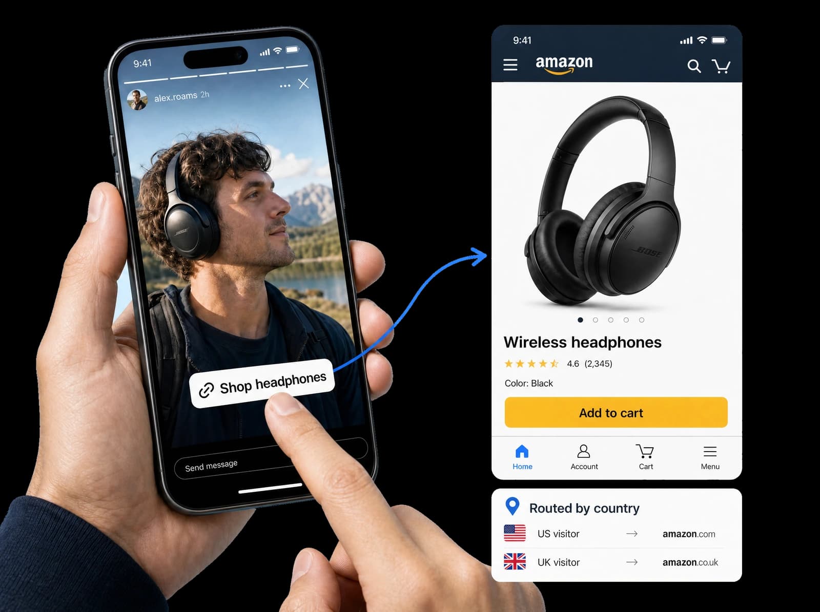 An Instagram headphones link opening Amazon, with US and UK visitors routed to their local storefronts.