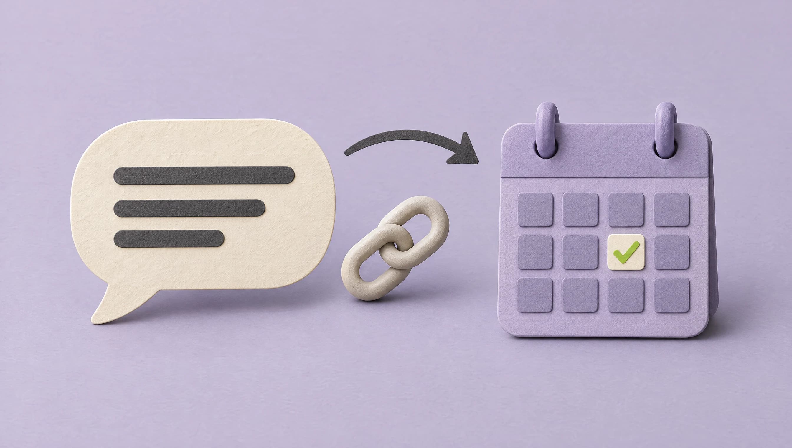 A cream message bubble and link leading to a lavender appointment calendar.