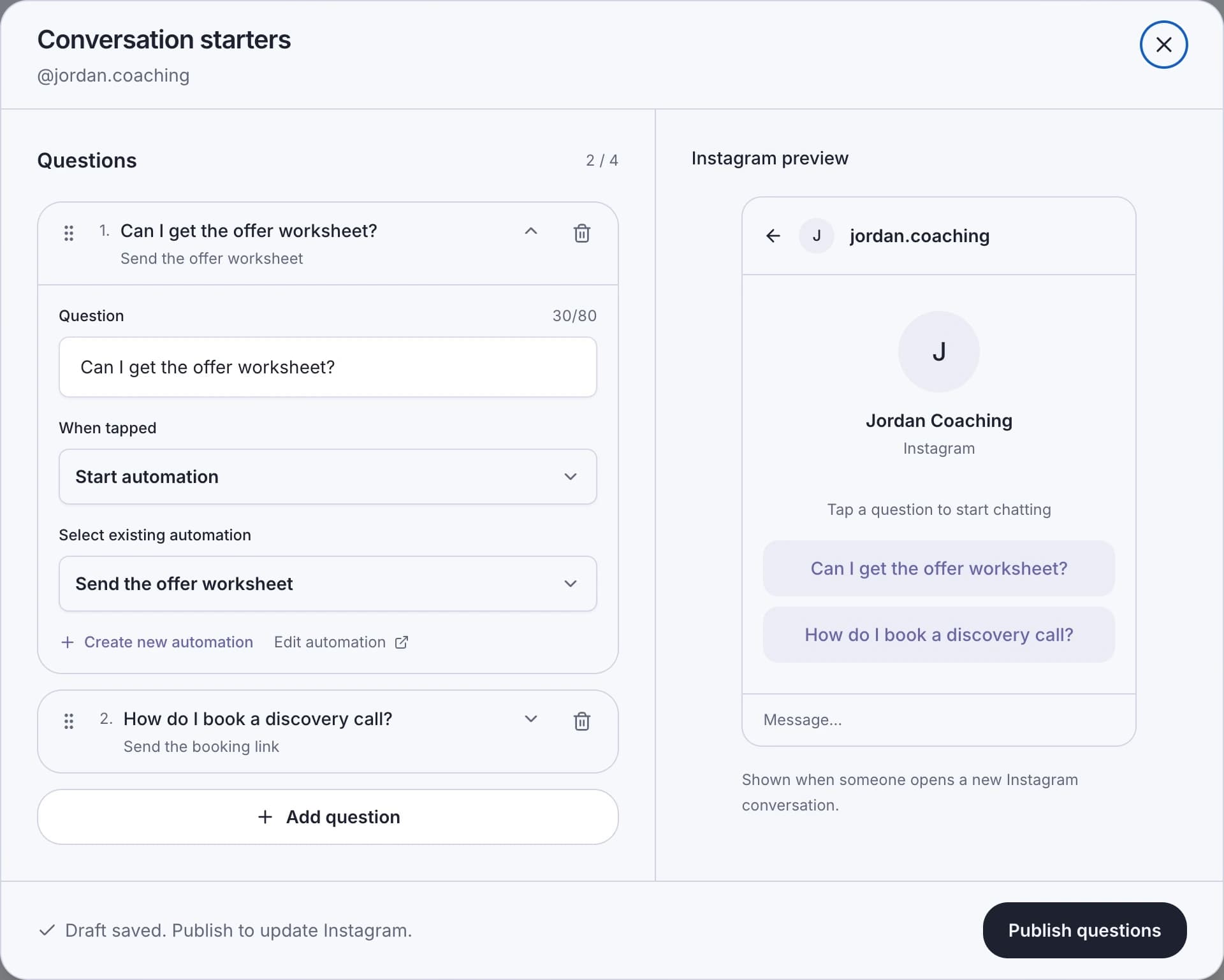 Conversation starters editor with two coaching questions, their automations, and the Publish questions button.