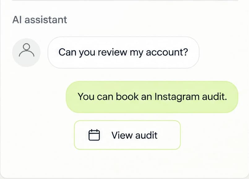 Illustrative AI conversation recommending an Instagram audit when someone asks for an account review.