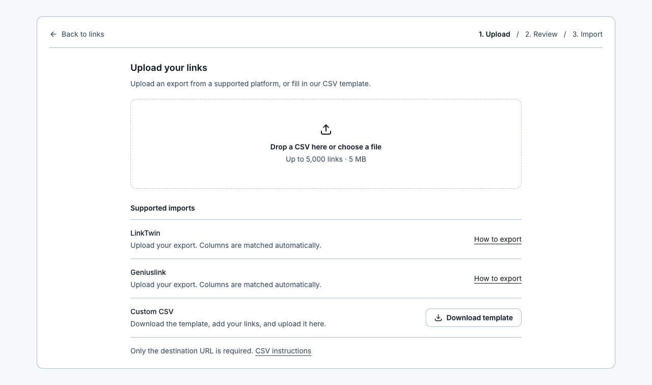 LinkStack's import screen with LinkTwin listed as a supported CSV import.