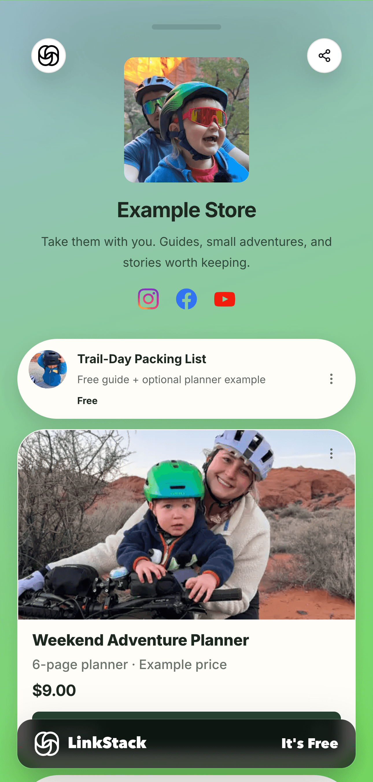 LinkStack's example creator store with a free Trail-Day Packing List and a paid Weekend Adventure Planner.