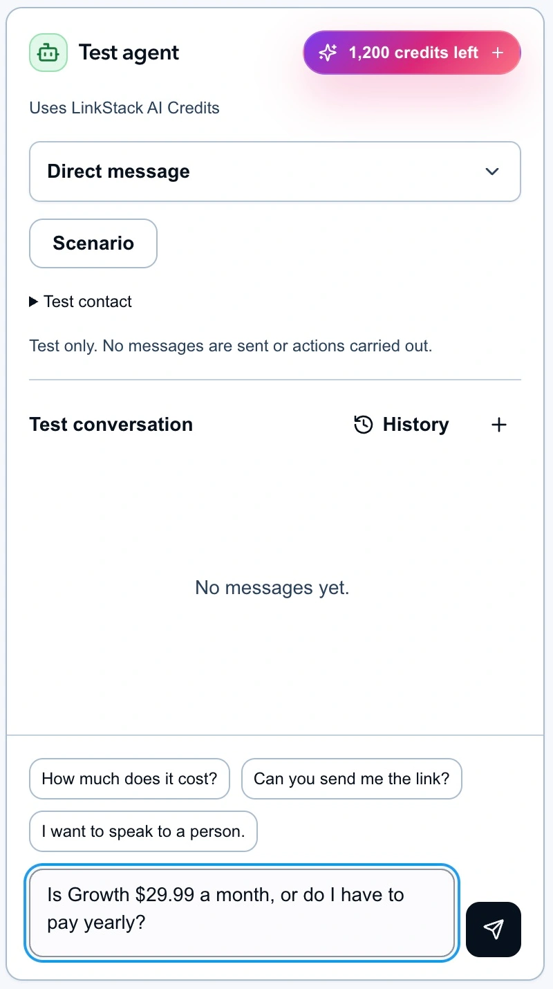Product advisor's Test agent panel with the monthly-versus-yearly question typed before Send