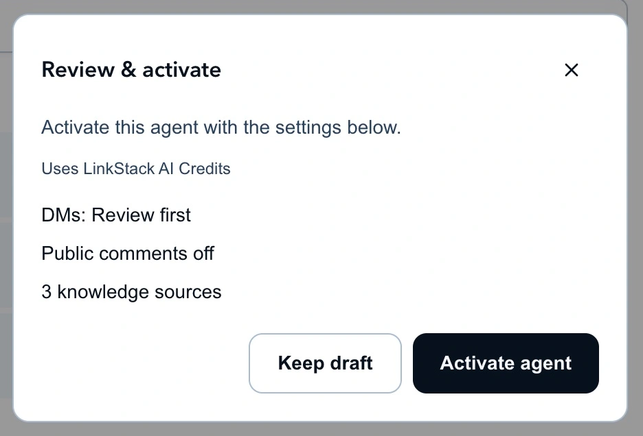 Review and activate dialog with DMs set to Review first, public comments off, and three knowledge sources