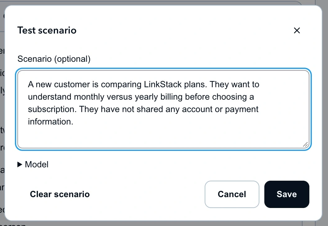 Test scenario dialog with the customer's billing question context and Model control