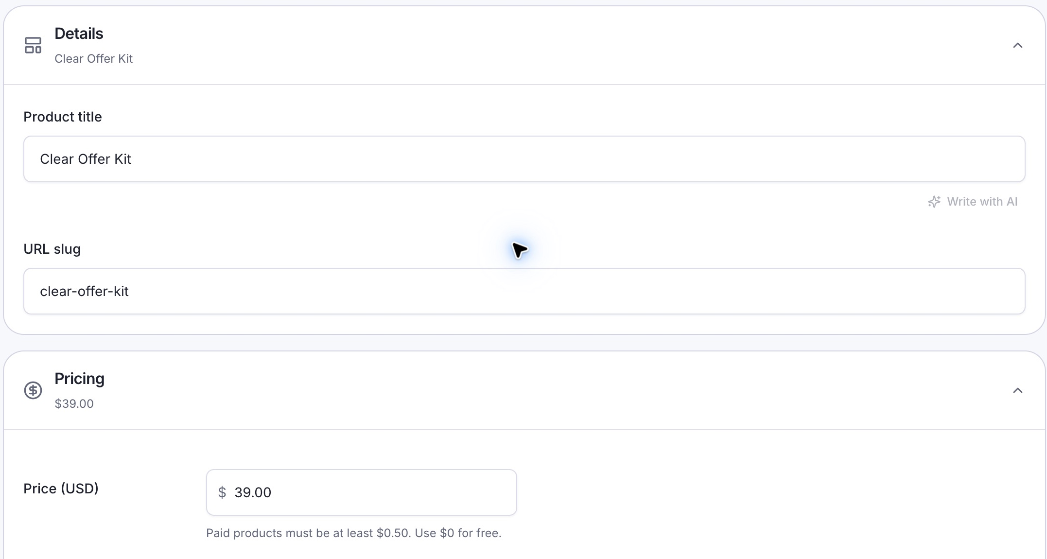 The Clear Offer Kit title, URL slug, and $39 price in LinkStack’s Product editor.