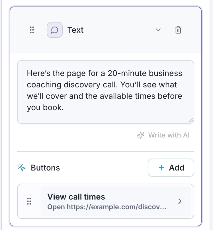 The Send DM text introducing a business coaching discovery call, with a View call times button.