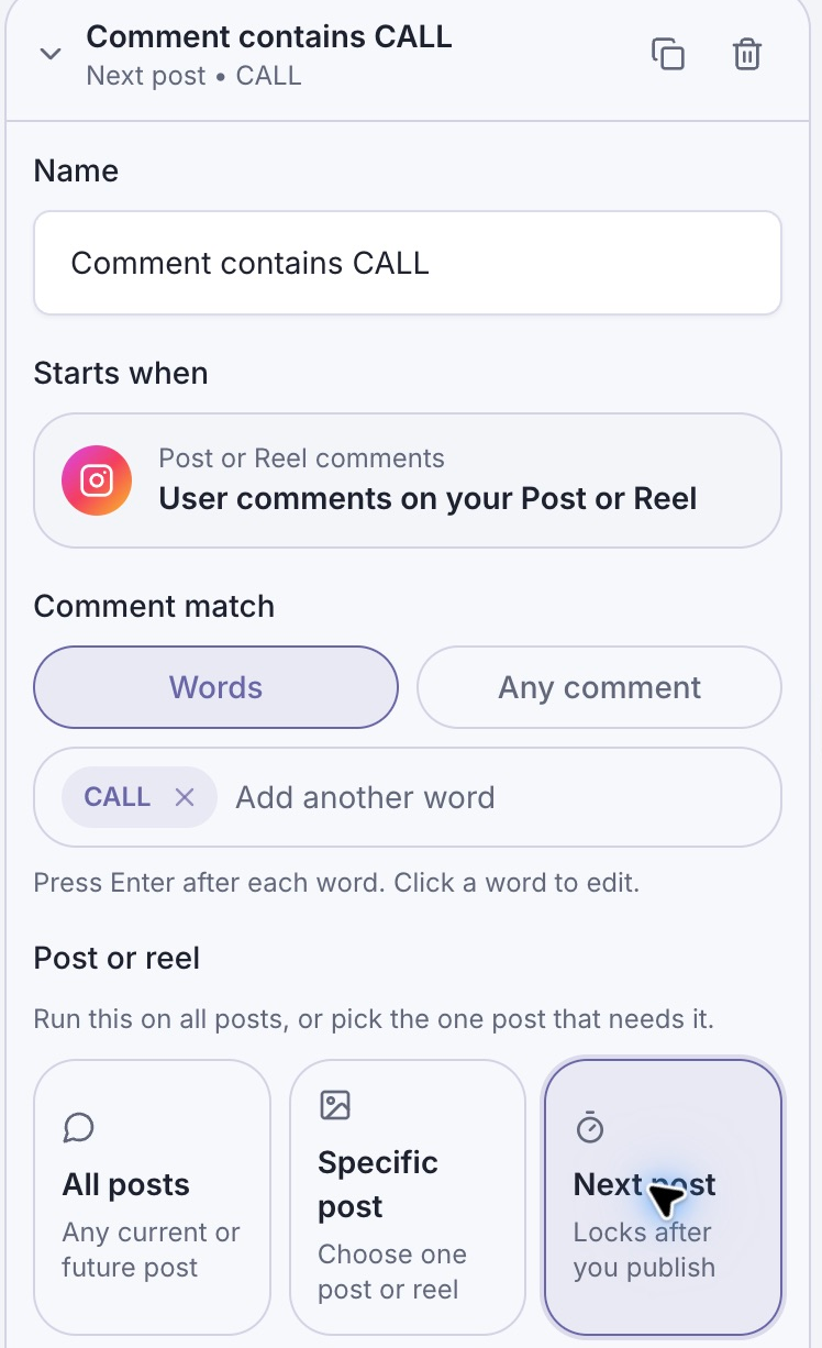 The Instagram comment trigger matching CALL with Next post selected.