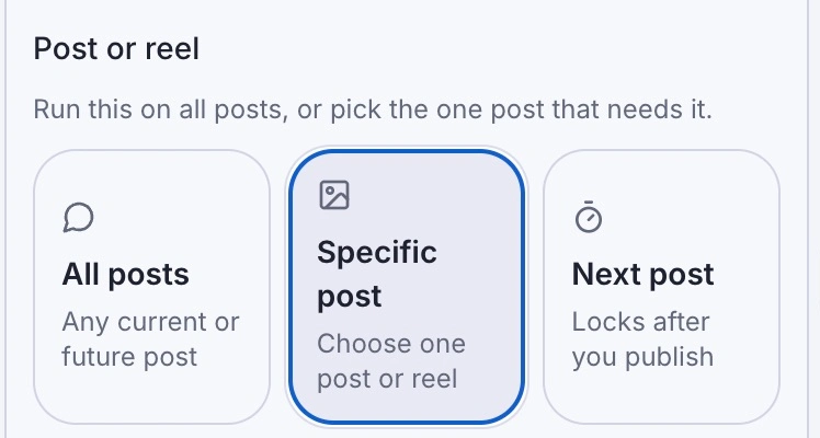 Post or reel settings showing Specific post selected beside All posts and Next post