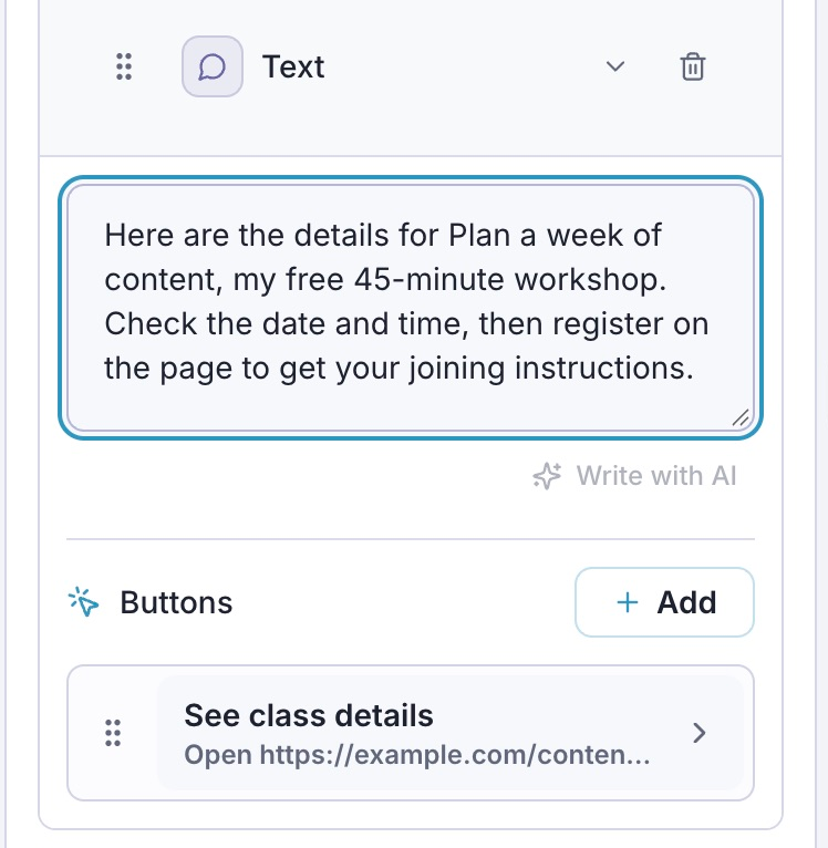 The Send DM text names the content-planning workshop and includes a See class details button.