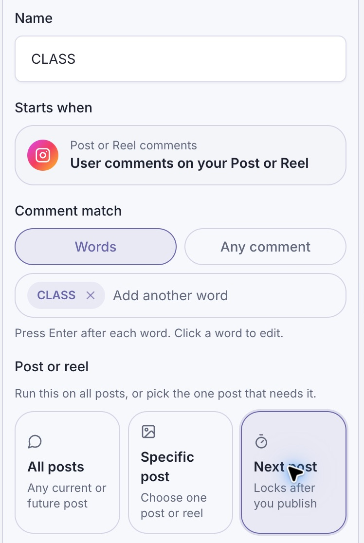 A real Instagram comment trigger with CLASS as the keyword and Next post selected.