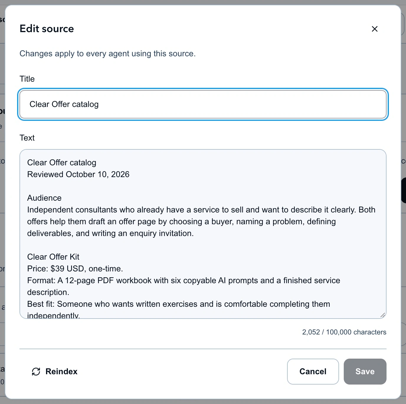 The Clear Offer catalog in the agent's knowledge source editor.