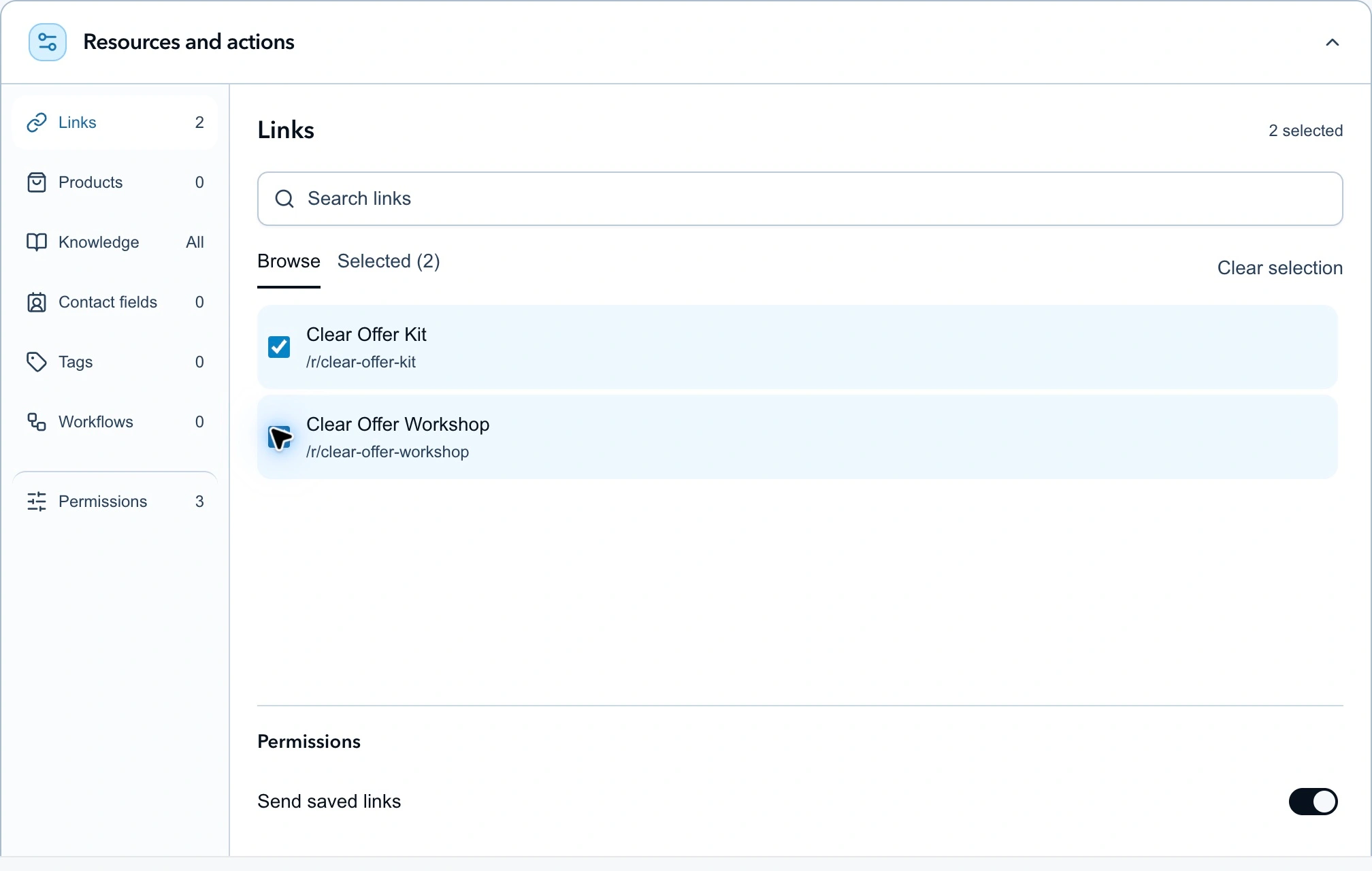 Clear Offer Kit and Clear Offer Workshop selected as approved saved Links for the advisor.