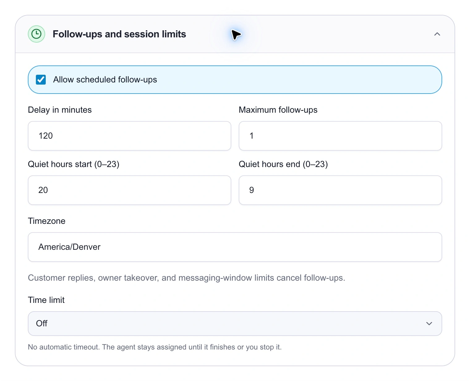 Scheduled follow-ups enabled with a 120-minute delay, one follow-up, quiet hours from 20 to 9, America/Denver, and Time limit Off.