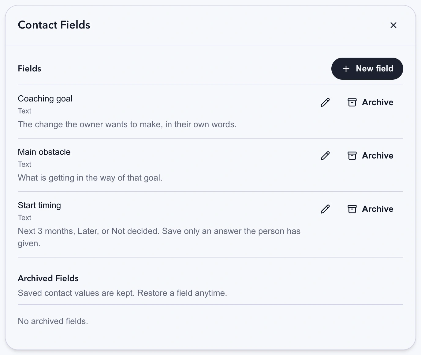 Contact Fields listing Coaching goal, Main obstacle, and Start timing as Text fields.