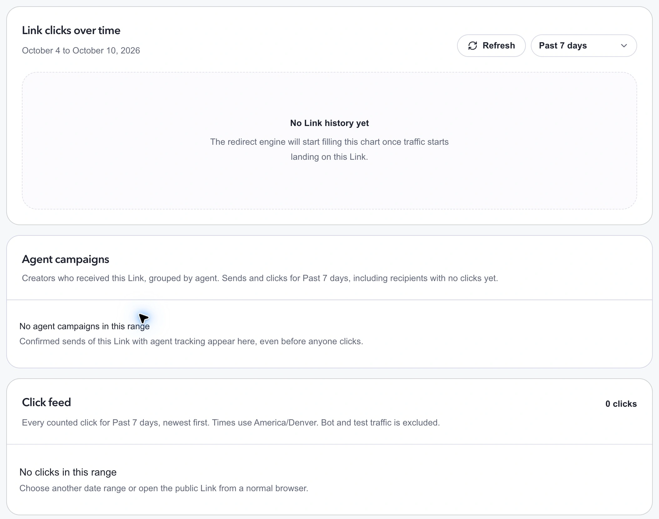 Link analytics reporting controls and click reporting for a saved destination.