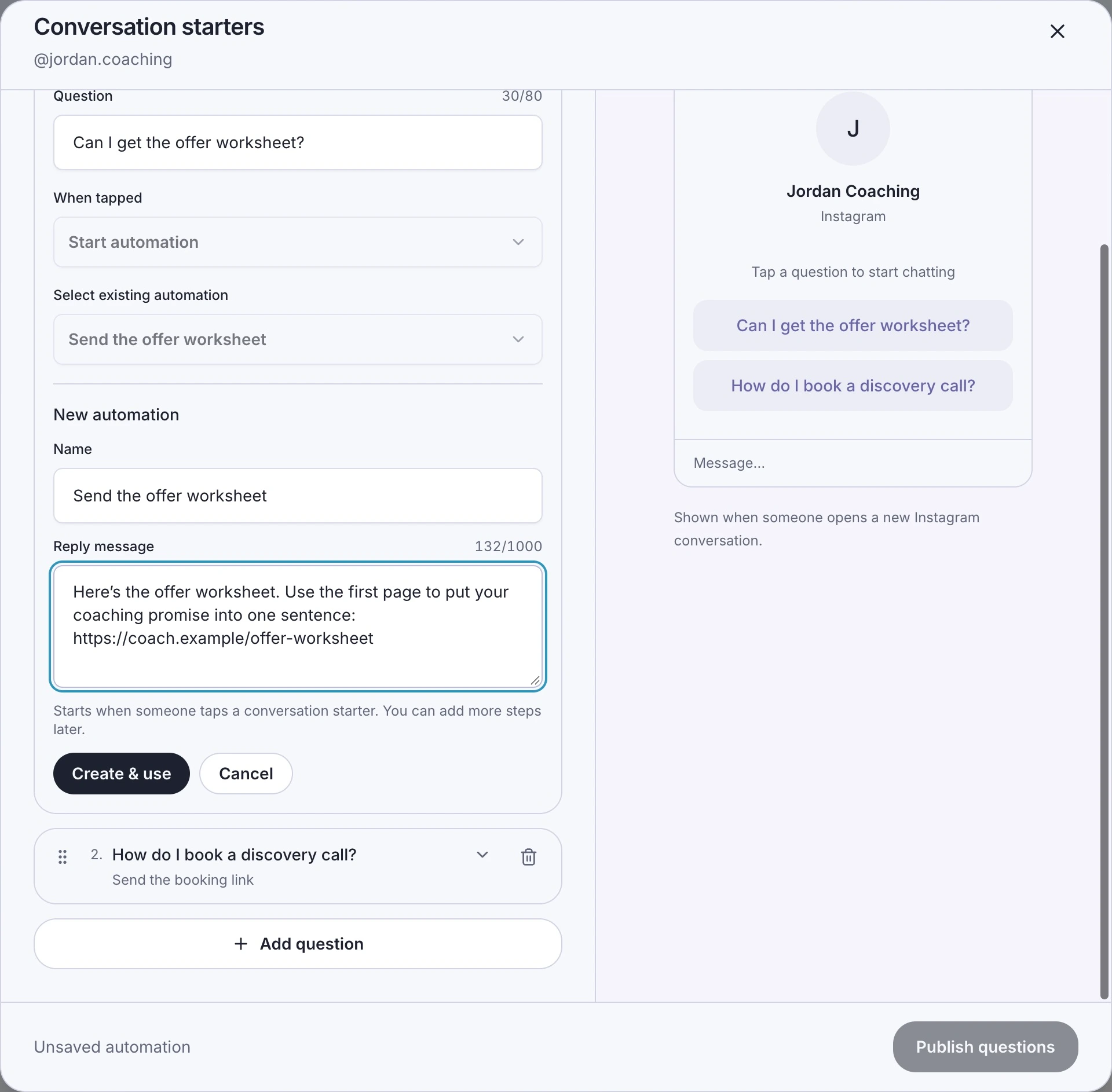 Conversation starter with a new automation named Send the offer worksheet and a short reply containing the worksheet URL.