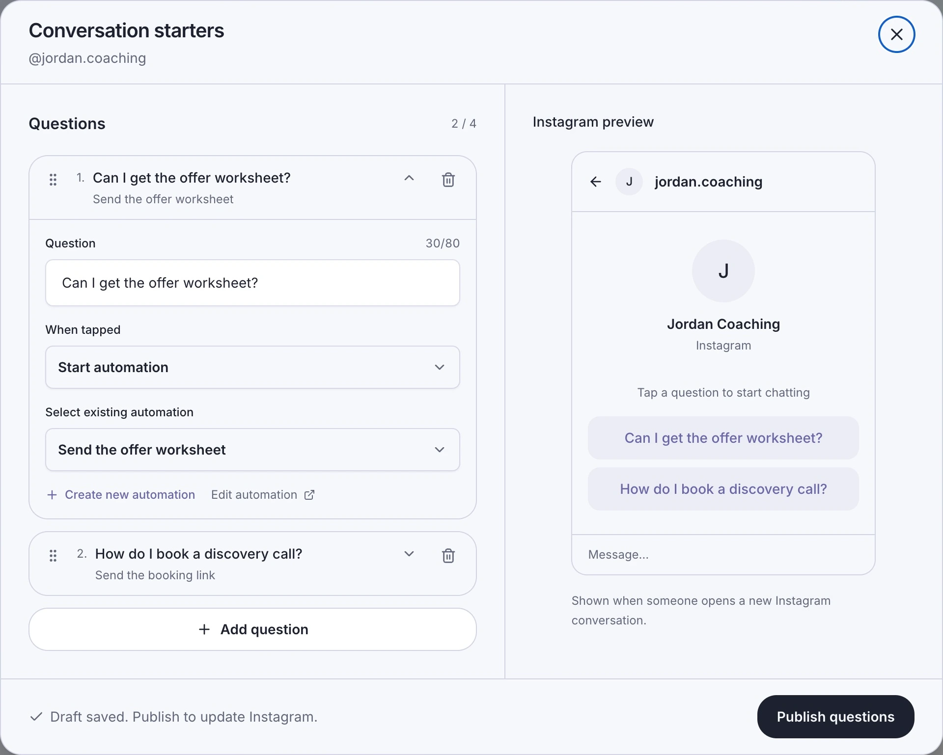 Two conversation starters connected to their workflows, with Publish questions ready.