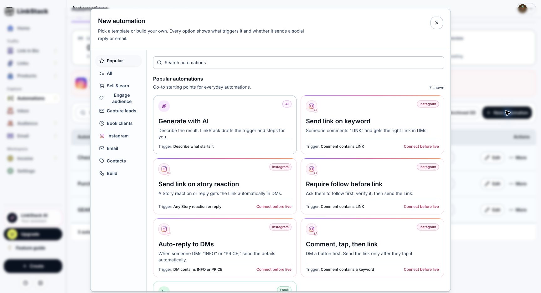 New automation chooser showing the Send link on keyword workflow template under Popular.