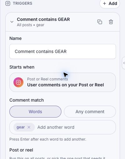 Trigger settings with Name Comment contains GEAR, Post or Reel comments, and Words containing gear.