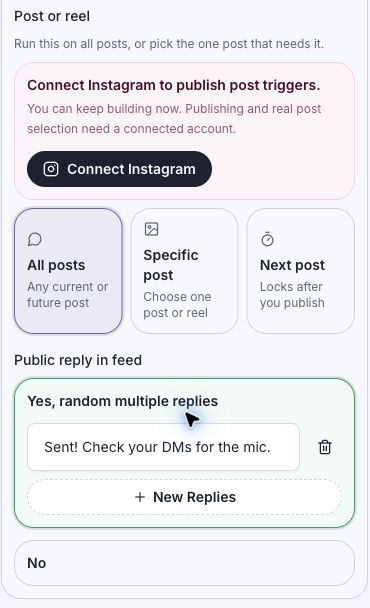Post scope set to All posts and public reply enabled with Sent! Check your DMs for the mic; the demo connection notice is visible.