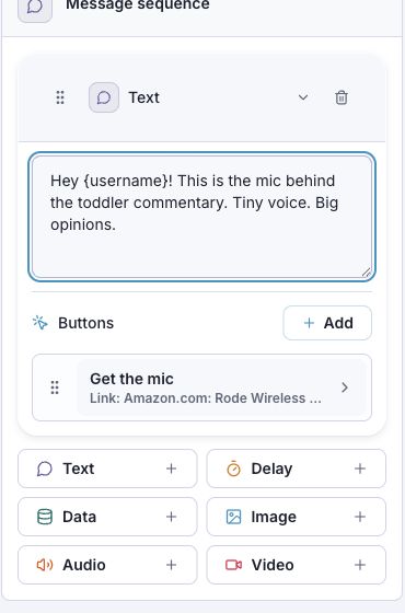 Send DM message sequence with the toddler microphone message and a Get the mic Link button.