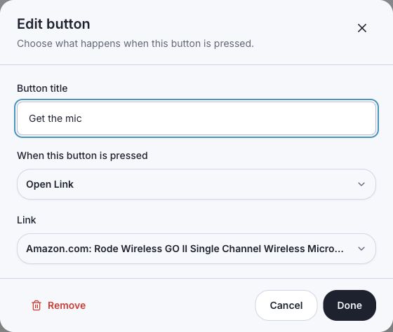 Edit button dialog showing Get the mic, Open Link, and the saved RØDE Wireless GO II microphone Link.
