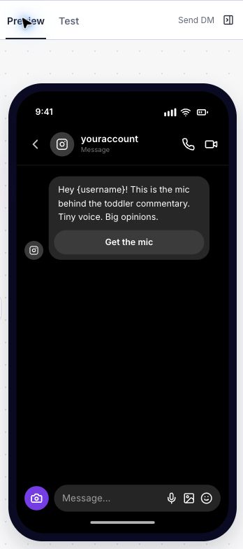 Simulated Instagram DM preview showing the toddler microphone message and Get the mic button.
