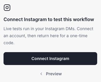 Test panel explaining that an Instagram connection is required and live tests run in real Instagram DMs.