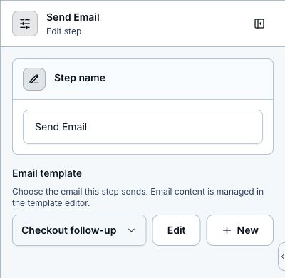 Send Email step inspector with the Checkout follow-up template selected and Edit and New buttons.