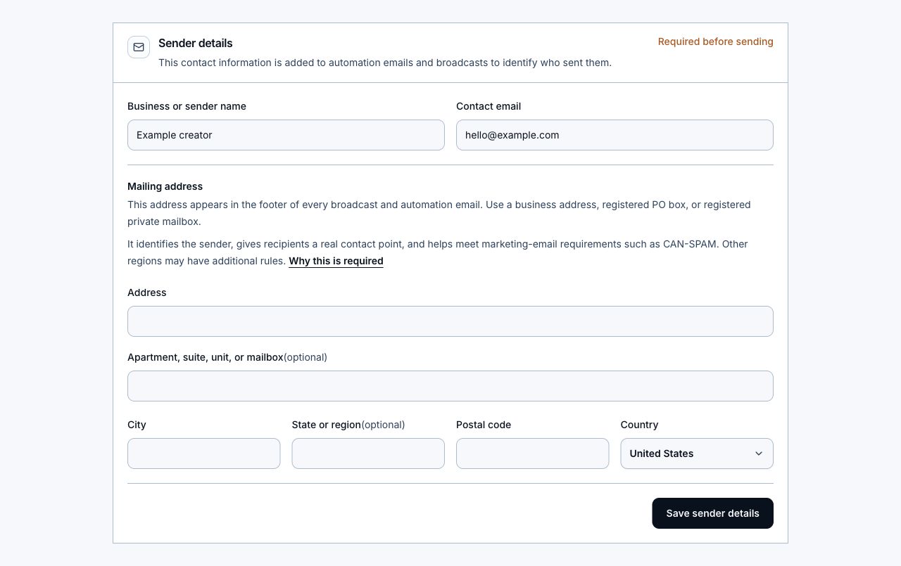 Sender details form showing the name, contact email, mailing address, and Save sender details button.