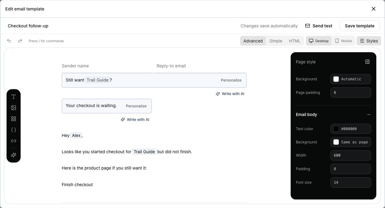 Checkout follow-up email template editor showing the subject, inbox preview, personalized message, and Finish checkout link.